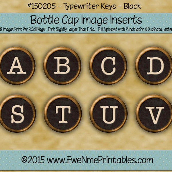 Black Typewriter Keys Bottle Cap Images Printable - Vintage Typewriter Keys Image - Typewriter Alphabet Graphics  - PDF and/or JPG File