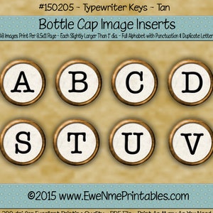 May include: Tan typewriter keys with a vintage look, printed on a white background with a gold rim. The letters A, B, C, D, S, T, U, and V are shown.  48 images print per 8.5x11 page. Each image is slightly larger than 1 inch in diameter.  Full alphabet with punctuation and duplicate letters. ©2015 www.EweNmePrintables.com