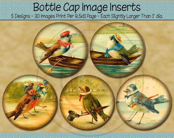 Bird Bottle Cap Images - 1 Inch Round Printable Images with Personified Birds - Birds About Town - Digital PDF and/or JPG File