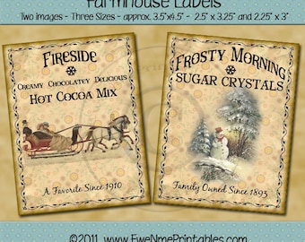 Farmhouse Printables - Printable Labels - Primitve Tags - rustic christmas tags - Fireside Cocoa Crystal Sugar - Sleigh, Snowman - PDF & JPG