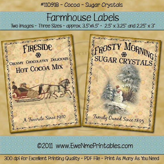 Farmhouse Printables - Printable Labels - Primitve Tags - rustic christmas tags - Fireside Cocoa Crystal Sugar - Sleigh, Snowman - PDF & JPG