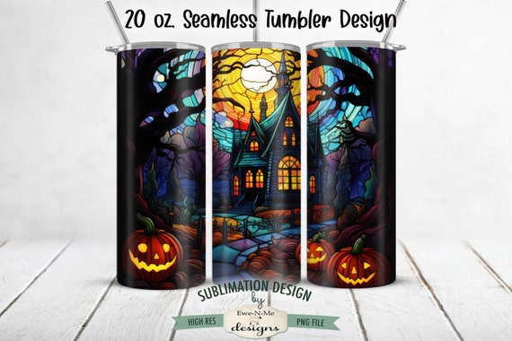 Seamless Stained Glass Haunted House Tumbler Design | Halloween Stained Glass Tumbler Wrap |  20 oz. Stained Glass Tumbler Design