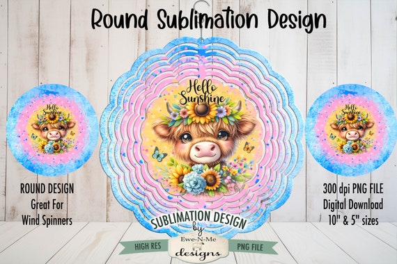 Hello Sunshine Highland Cow Wind Spinner Sublimation Design | Cute Highland Cow Sublimation Design | Highland Cow and Sunflowers