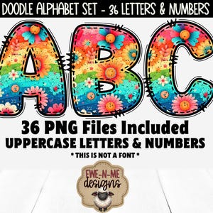 Puede incluir: Un conjunto de 36 letras mayúsculas y números en estilo patchwork arcoíris con flores y otros adornos. Las letras A, B y C se muestran en la imagen.  "DOODLE ALPHABET SET - 36 LETTERS & NUMBERS" y "36 PNG Files Included UPPERCASE LETTERS & NUMBERS * THIS IS NOT A FONT *" también se incluyen en la imagen.