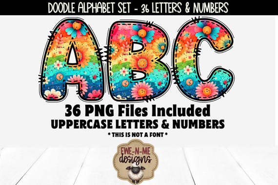 Rainbow Daisy Doodle Alphabet & Numbers | 36 PNG Files | Individual Letters and Numbers in PNG format | Bright Colored Letters and Numbers