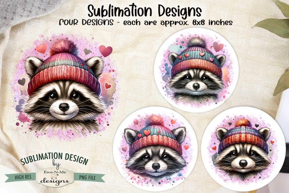 Raccoon with Knit Hats - Valentine Raccoons with Hearts Designs - Valentine Raccoons - Four PNG Designs for Valentine's Day