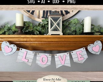 Love Banner with Hearts Laser Cut SVG Banner - Valentine Laser Cut File - Love Wedding Banner- svg, dxf, ai, png