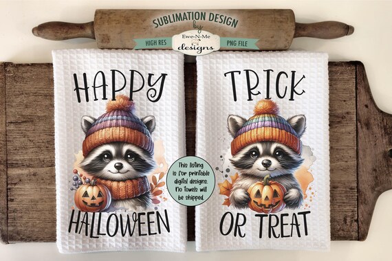 Halloween Raccoon Kitchen Towel Sublimation Design - Kitchen Towel Raccoons with Jack O Lantern Sublimation Designs