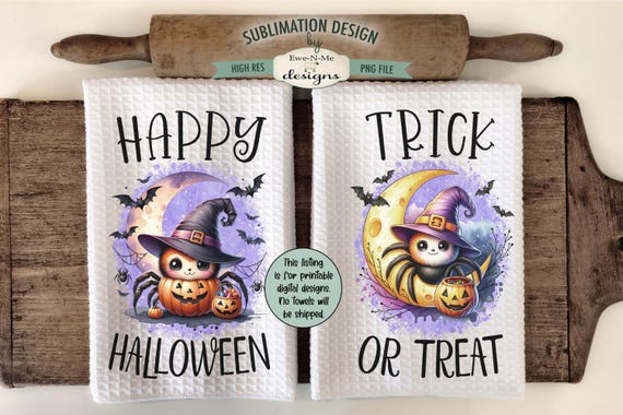 Cute Halloween Spiders Kitchen Towel Sublimation Design -  Kitchen Towel Trick or Treat Sublimation Designs - Happy Halloween Towel Designs
