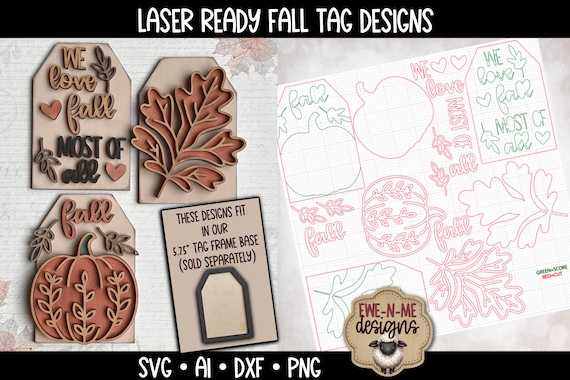 Laser Cut Fall SVGs - Tag Insert Files for Interchangeable Frame, Tiered Tray DIY Decor, Digital Download - Fall Leaves, Pumpkin, Love Fall