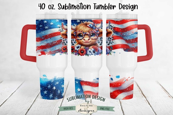 40 oz American Highland Cow Sublimation Tumbler Design | Highland Cow Design for 40 oz. Tumbler | July 4th Cow Tumbler Design