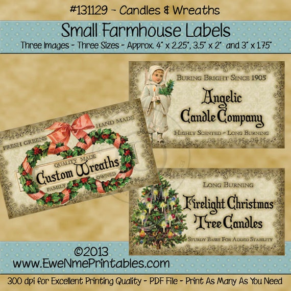 Christmas Wreath Rustic Farmhouse Label Printables - Angelic Candle Co. - Christmas Tree Candle Label - Primitive  - Digital PDF or JPG File