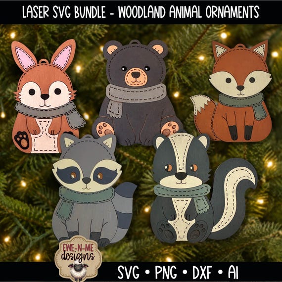 Woodland Animal Ornament SVG Bundle - Fox Bear Bunny Raccoon Skunk Christmas Ornaments - Layered Laser Cut Files - Digital Download