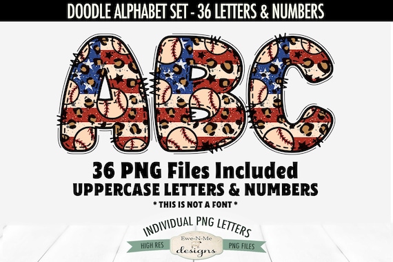 American Flag Baseball Doodle Alphabet & Numbers | 36 PNG Files | Individual Letters and Numbers in PNG format Baseball Letters and Numbers