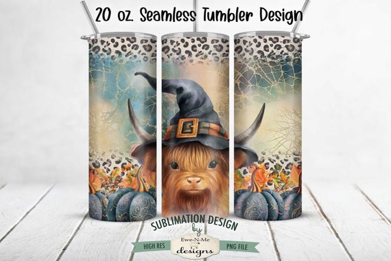 Halloween Highland Cow Witch Hat Tumbler Wrap | Seamless 20 oz Tumbler Sublimation Design