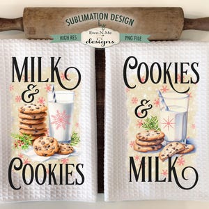 Op de afbeelding: Twee witte keukenhanddoeken met wafelweefsel met de woorden "Milk & Cookies" en "Cookies & Milk" in zwart schrift. Elke handdoek heeft een stapel chocoladekoekjes, een glas melk met een sneeuwvlokontwerp en decoratieve accenten.