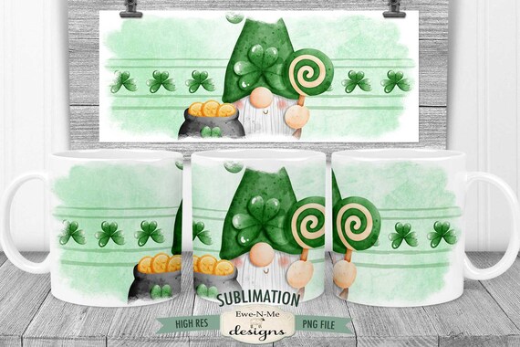 St Patricks Day Gnome 3 Sublimation Mug Design -  Printable 11 oz. and 15 oz. Mug Sublimation Wrap PNG