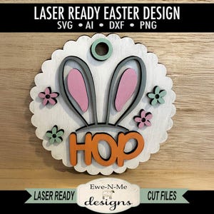Mini enseigne SVG découpée au laser avec oreilles de lapin - fichier de découpe laser de Pâques rond - fichier d'étiquette de Pâques - svg, dxf, ai, png