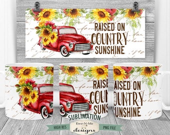 Red Truck Sunflowers Sublimation Mug Design - Country Sunshine - Printable 11 oz. and 15 oz. Mug Sublimation Wrap PNG