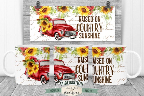 Red Truck Sunflowers Sublimation Mug Design - Country Sunshine - Printable 11 oz. and 15 oz. Mug Sublimation Wrap PNG