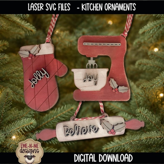 Christmas Kitchen Ornament SVG File - Laser Ready Oven Mitt, Stand Mixer and Rolling Pin Set