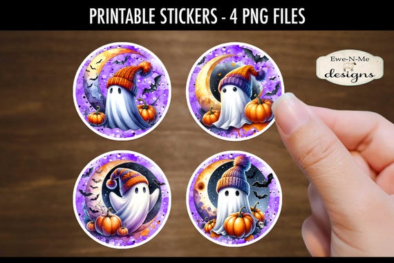Round Halloween Ghosts In Knit Hats Printable Stickers | 4 PNG Stickers | Cute Ghosts Halloween Stickers | Printable Halloween Stickers
