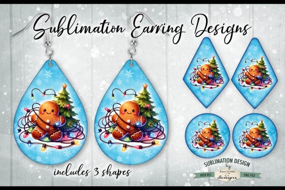 Gingerbread Tangled In Lights Sublimation Earring Designs | 3 PNG Shapes | Gingerbread with Christmas Lights Blue