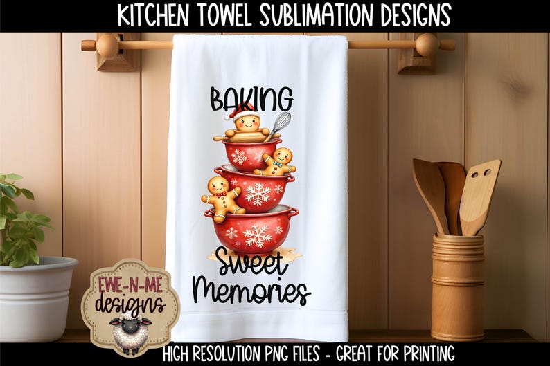 May include: White kitchen towel with a design featuring three red mixing bowls stacked on top of each other, each with a gingerbread man. The towel has the words "BAKING" and "Sweet Memories" printed on it. The towel is hanging on a wooden rod.