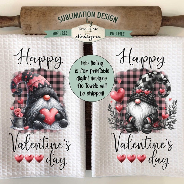 Black Valentine Gnome Sublimation Design -  Happy Valentine's Day - Valentine Gnomes Towel Designs