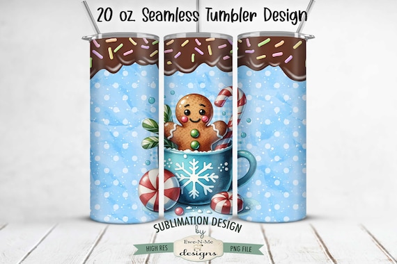 Gingerbread In a Blue Cocoa Cup 20 oz SEAMLESS Tumbler Sublimation Design - Gingerbread Christmas Tumbler Design