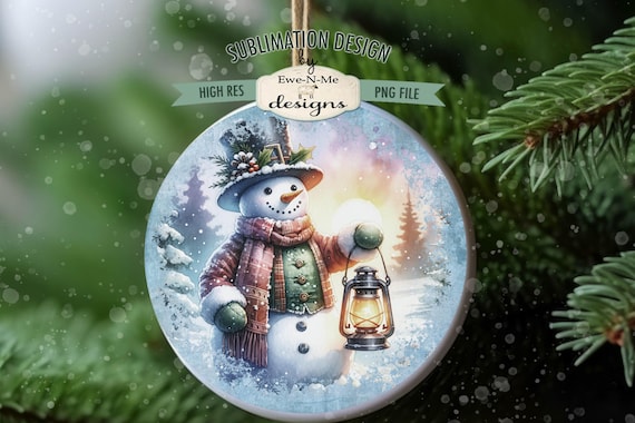 Rustic Snowman with Lantern Round Sublimation Design | Rustic Snowman | Vintage Snowman Sublimation Design