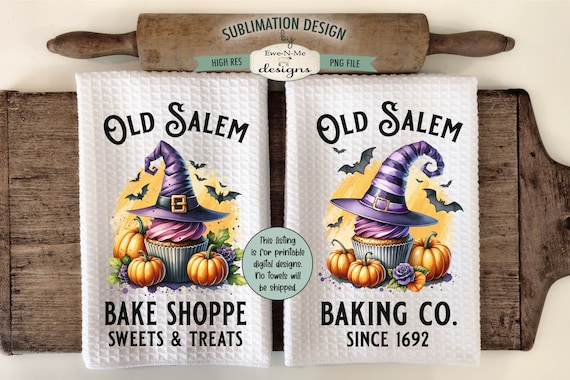 Old Salem Witch Cupcakes Kitchen Towel Sublimation Design -  Kitchen Towel Witch Hat Sublimation Designs - Halloween Kitchen Designs