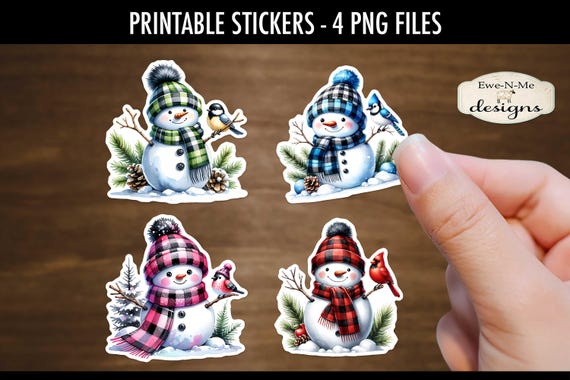 Buffalo Plaid Snowmen Printable Stickers | 4 Snowman PNG Stickers | Print and Cut Snowman Stickers | Printable Snowman Stickers