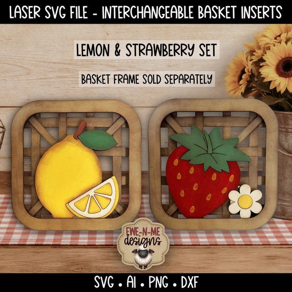 Interchangeable Tobacco Basket Inserts SVG - Lemon Strawberry Set - Summer Decor - Laser Cut File - Fits Basket Frame - SVG File