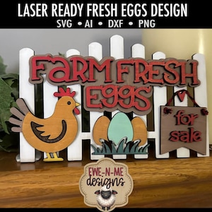 Mini letrero SVG cortado con láser de huevos frescos de granja - Archivo cortado con láser de valla de huevos de gallina - Huevos frescos de granja - svg, dxf, ai, png