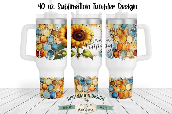 40 oz Bee Happy Sunflower Sublimation Tumbler Design | Sunflower Design for 40 oz. Tumbler | Colorful Honeycomb Sunflower Tumbler Design