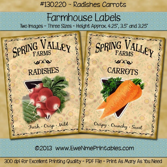Spring Valley Radish and Carrot Seed Farmhouse Label Printables - Seed Pack Labels - Garden Labels - Primitive Rustic - PDF or JPG File