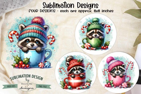 Cute Raccoon in Mugs Designs - Raccoons in Colorful Cocoa Mug Designs - Winter Raccoons - Four PNG Designs for Christmas