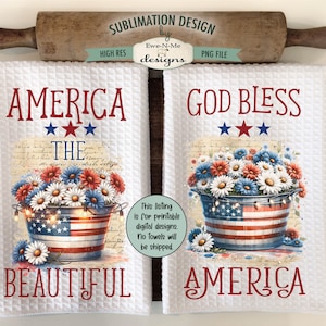 Patriotic Flowers in Wash Tubs with Fairy Lights Sublimation Design for Kitchen Towels -  July 4th Red White Blue Kitchen Towel Designs