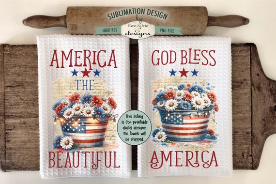 Patriotic Flowers in Wash Tubs with Fairy Lights Sublimation Design for Kitchen Towels -  July 4th Red White Blue Kitchen Towel Designs