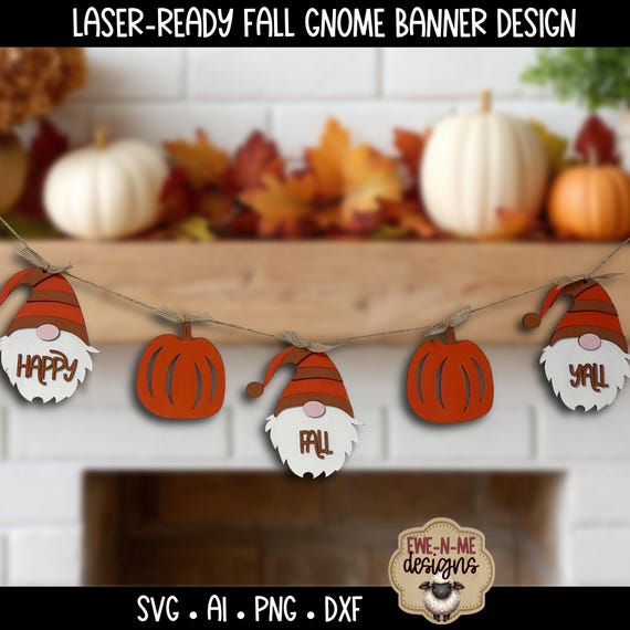 Fall Gnome and Pumpkin Banner SVG Laser Cut File | Autumn Laser Cut Garland | Digital Download