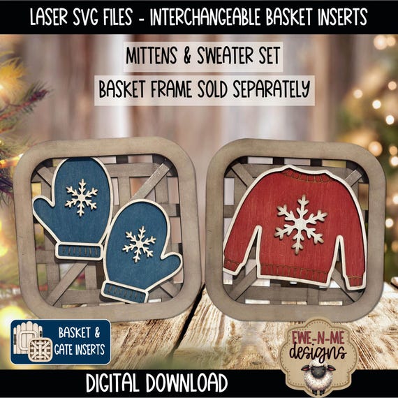 Interchangeable Tobacco Basket Inserts SVG - Mittens and Sweater Set - Winter Decor - Laser Ready File - Fits Basket & Garden Gate Frames
