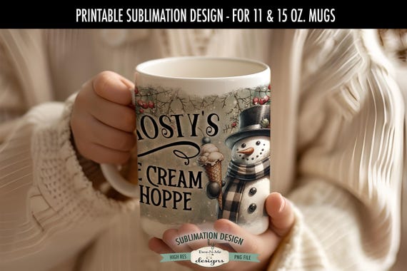Frostys Ice Cream Vintage Snowman Sublimation Design for Mugs  | Christmas Mug | Printable 11 oz. and 15 oz. Mug Sublimation Wrap PNG
