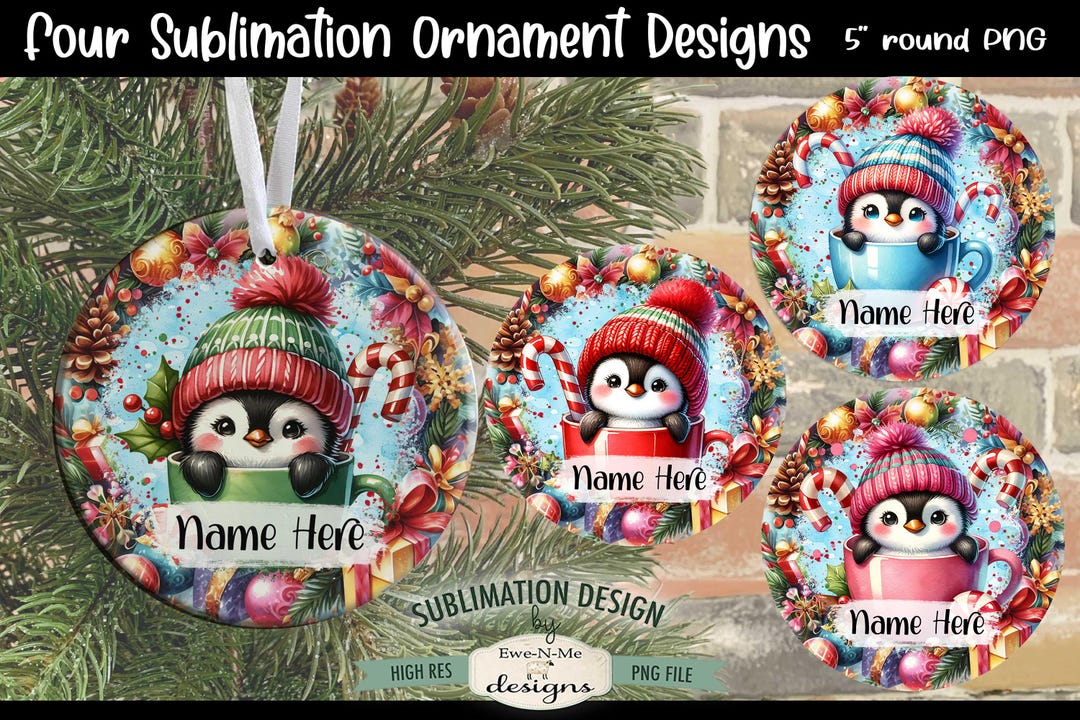 Cute Penguin Ornament Designs PNG Files Penguins in Mugs Ornament