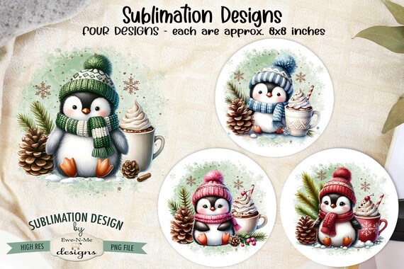 Christmas Penguins with Cocoa Designs - Penguins and Cocoa Mugs Designs - Cocoa and Penguins - Four PNG Designs for Christmas