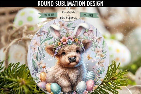 Easter Highland Cow with Bunny Ears Sublimation Design | Door Hanger Round | Easter Highland Cow Wreath Sign Printable