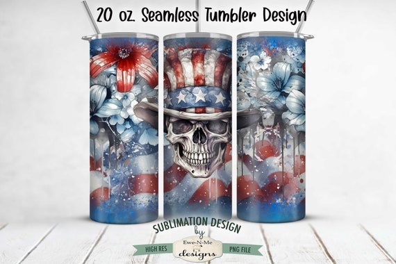 20 oz Patriotic Skull Sublimation Tumbler Design | Skull with Flowers and Flags Design for 20 oz. Tumbler | July 4th Skull Tumbler Design