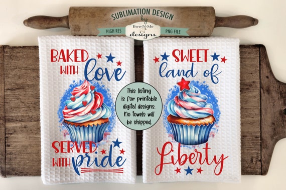 Patriotic Cupcake Sublimation Design for Kitchen Towels -  Printable July 4th Kitchen Towel Designs - Red White Blue Cupcake Towel Designs