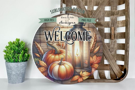 Pumpkin with Lantern | Welcome Fall Round Sublimation Design | Autumn Leaves Pumpkin Lantern Round Sublimation Design