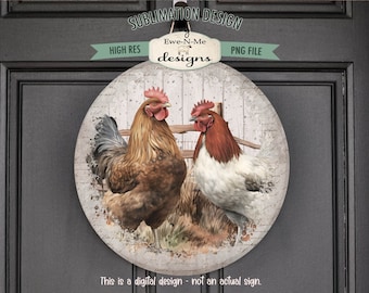 Diseño de sublimación redondo de pollos rústicos / Colgador de puerta redondo / Letrero de corona de granja imprimible